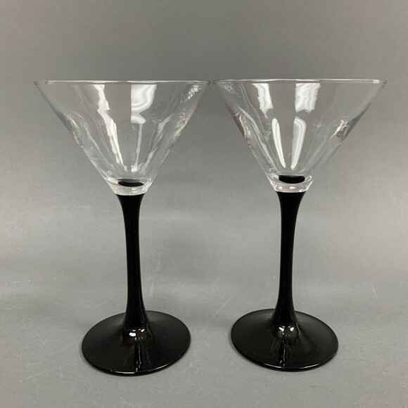 Glasses France Martini Clear Black Stem 6 1/2 Glass Lot of 2 - Picture 1 of 5